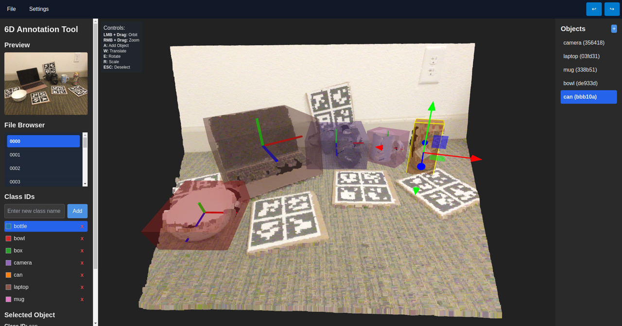 SnapPose interface displaying an RGB-D point cloud with editable 3D object boxes and orientation axes